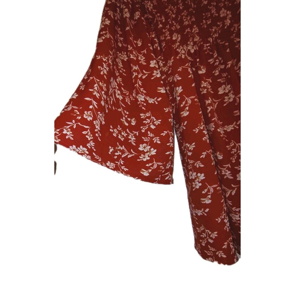 Floral Smocked Off-The-Shoulder Mini Dress Rust Red Boho Bell Sleeve Tunic -... - Picture 3 of 10